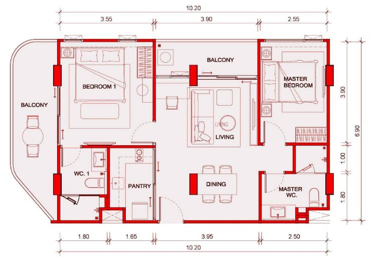 Двуспальная квартира - от 75 м² до 79 м²