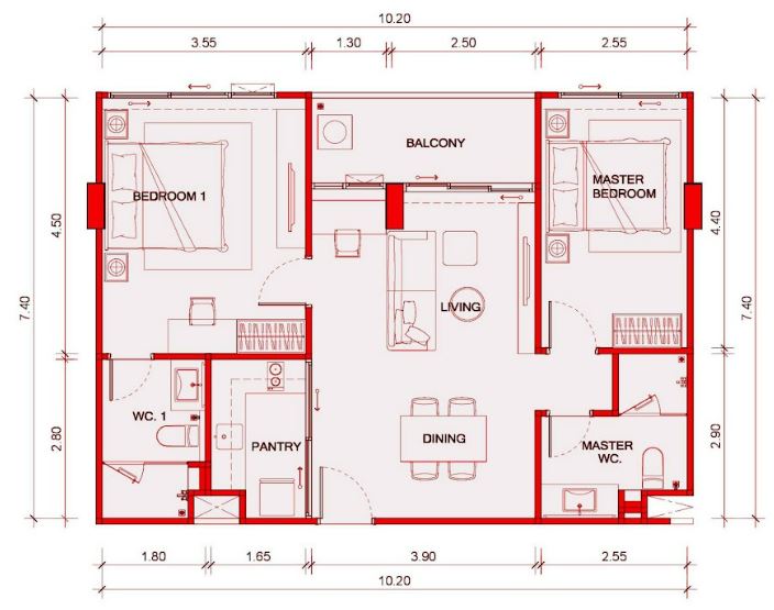 Двуспальная квартира - от 75 м² до 79 м²
