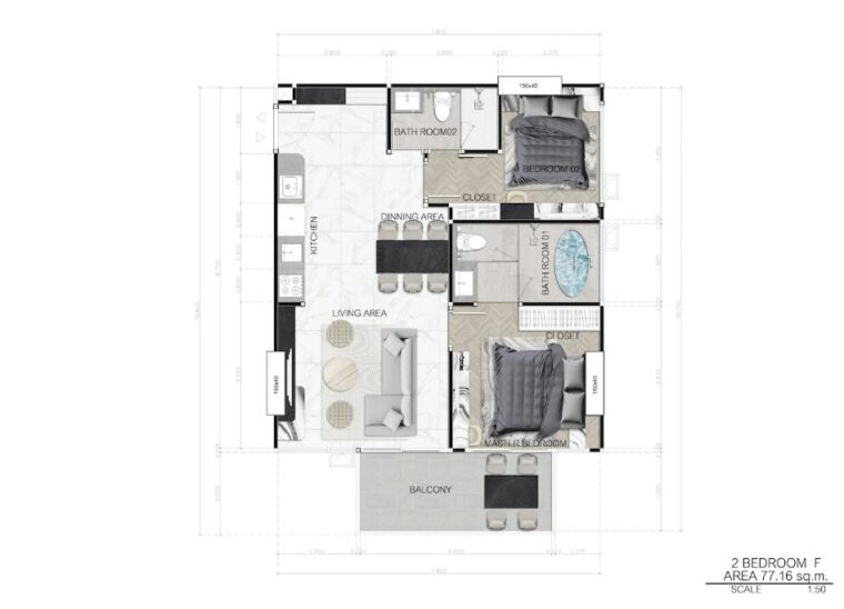 Двуспальная квартира - 77 м²