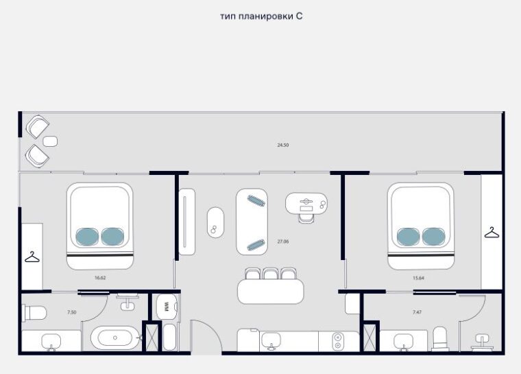 Двуспальные квартиры - 98 м²