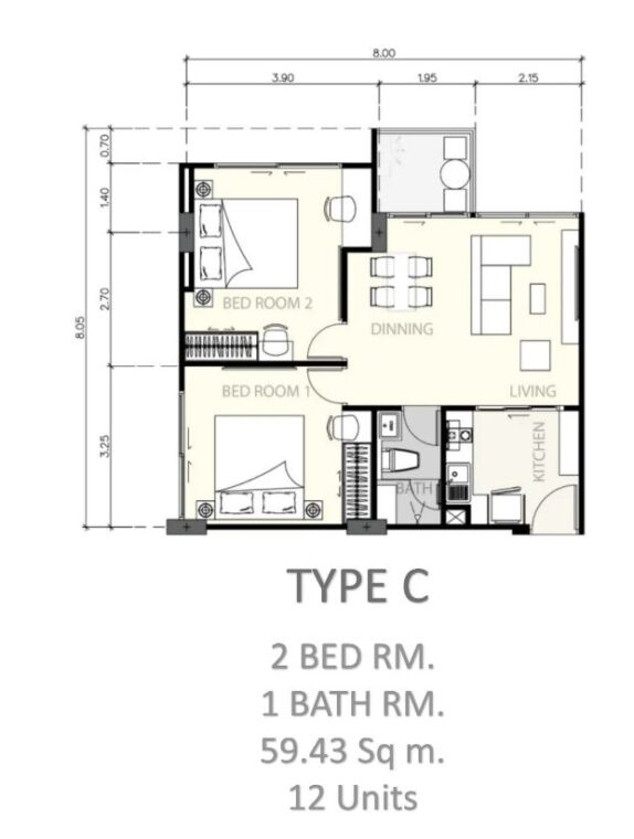 Двуспальные квартиры - 59 м²