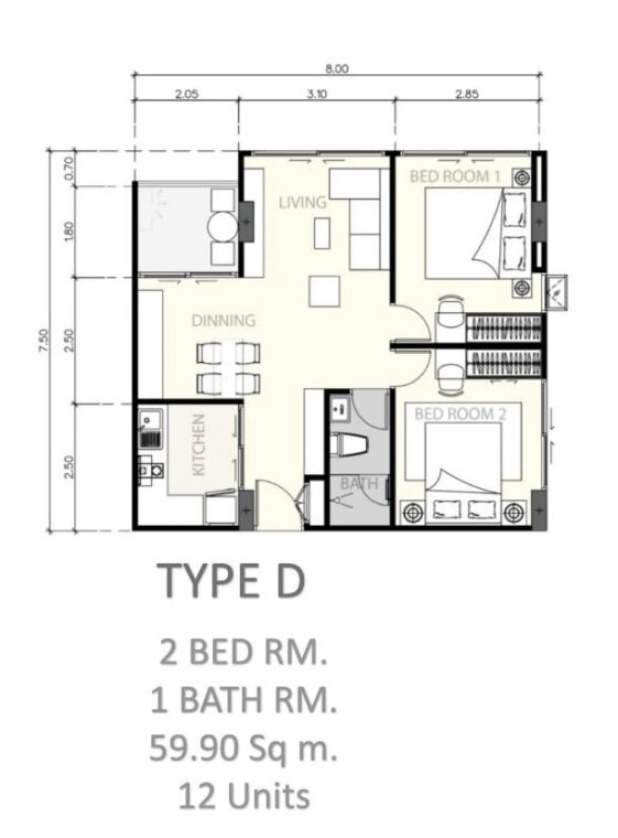 Двуспальные квартиры - 59 м²