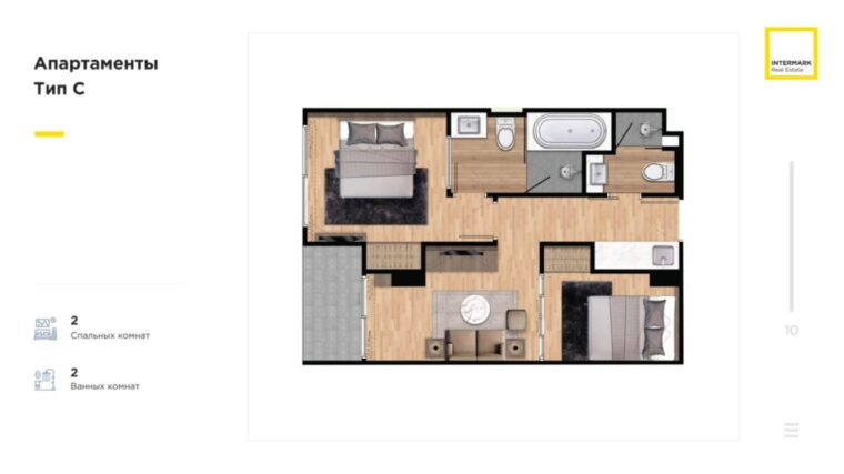 Двуспальные квартиры - от 52 м² до 142 м²