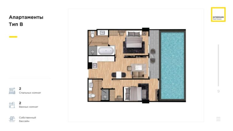 Двуспальные квартиры - от 52 м² до 142 м²
